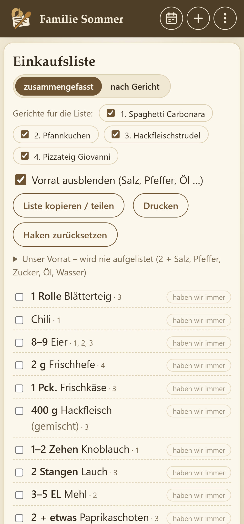 Einkaufsliste: alle Zutaten der Woche zusammengerechnet, hinter jeder die Nummern der Gerichte