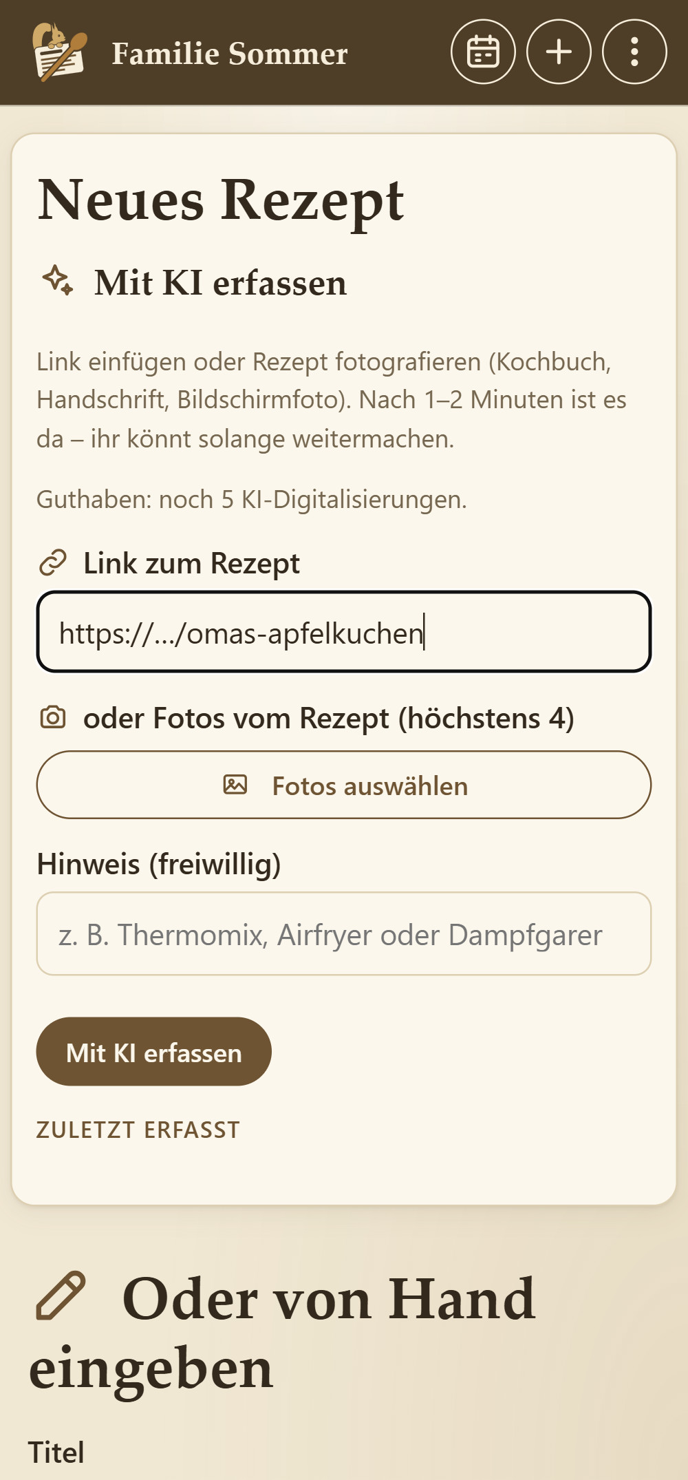 Neues Rezept: Link oder Fotos wählen