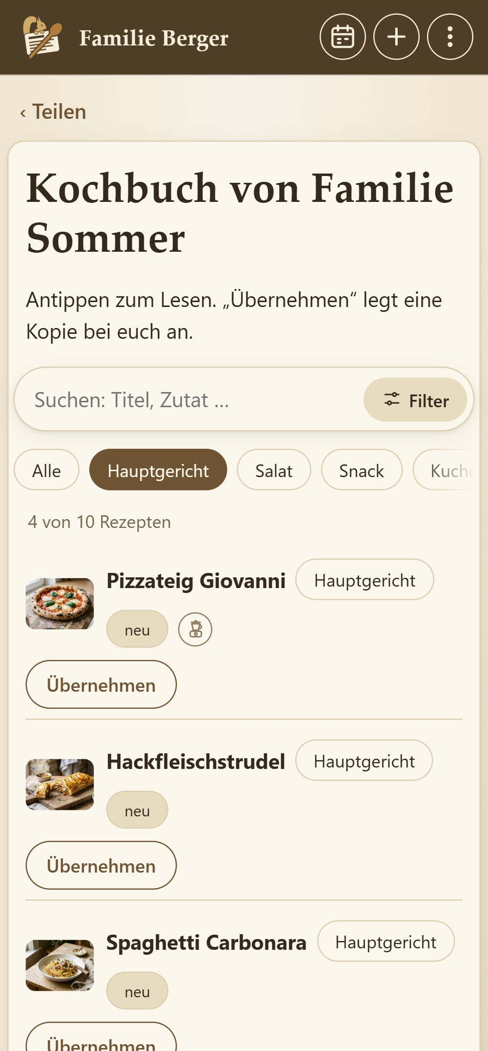 Gerät eines Gastes: Kochbuch von Familie Sommer mit Suche und Filter, gewählt ist Hauptgericht