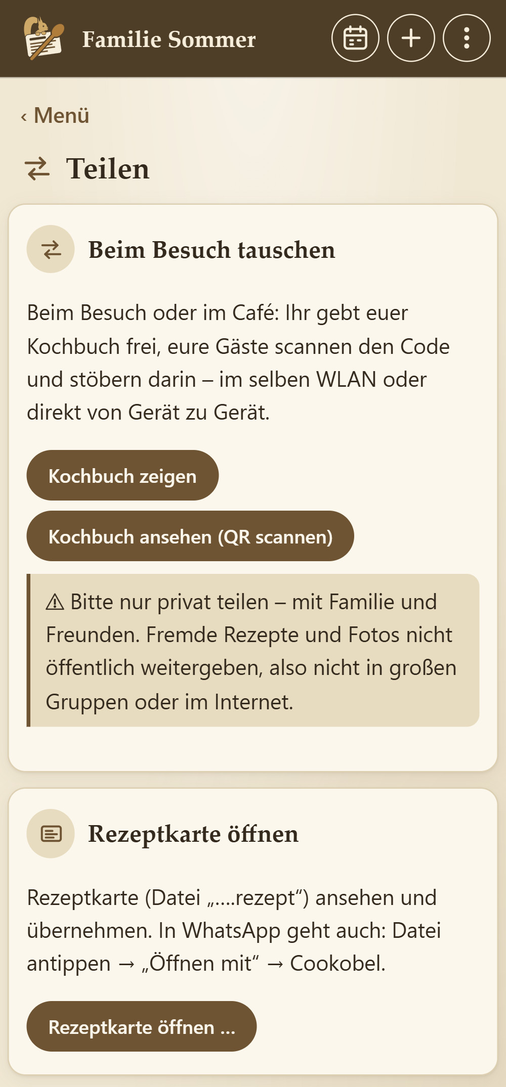 Teilen: Kochbuch zeigen, Kochbuch ansehen, Rezeptkarte öffnen