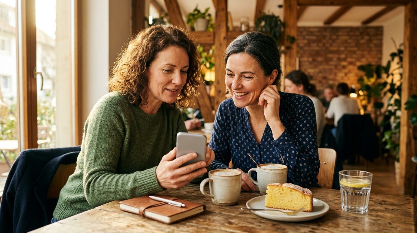 Zwei Freundinnen bei Kaffee und Kuchen, eine zeigt der anderen etwas auf ihrem Gerät